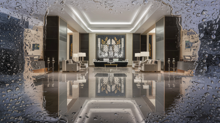 Water covering the floor of a modern high-end hotel lobby.
