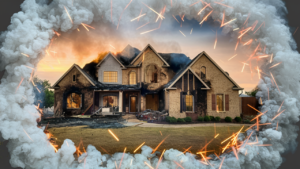 A large high-end home in the aftermath of a severe fire.