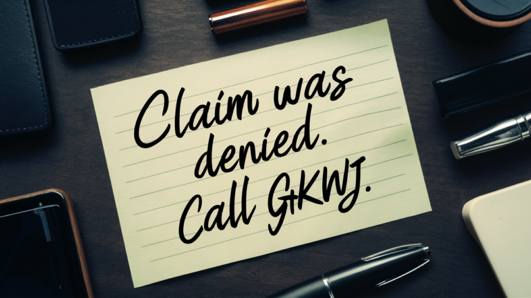Handwritten note on a desk, that says "Claim was denied. Call GKWJ", which stands for Green Kline Wood and Jones law firm.